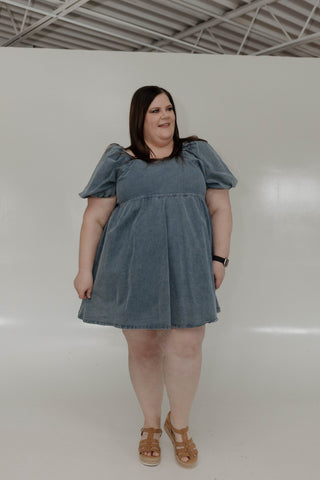 BUBBLE SLEEVE DENIM DRESS Love Marlow BUBBLE SLEEVE DENIM DRESS Love Marlow