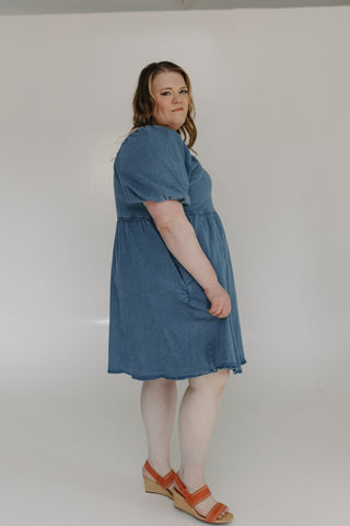 BUBBLE SLEEVE DENIM DRESS IN DARK MEDIUM WASH - Love Marlow