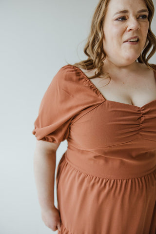 BUBBLE SLEEVE KNEE LENGTH DRESS IN BAKED CLAY - Love Marlow