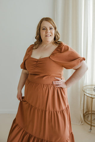 BUBBLE SLEEVE KNEE LENGTH DRESS IN BAKED CLAY - Love Marlow