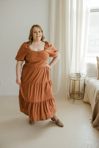 BUBBLE SLEEVE KNEE LENGTH DRESS IN BAKED CLAY - Love Marlow