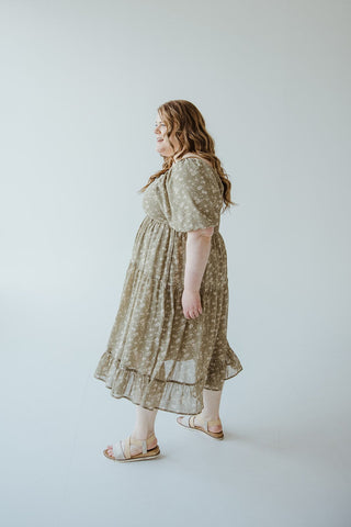 BUBBLE SLEEVE MIDI LENGTH FLORAL DRESS IN MATCHA - xL - Love Marlow