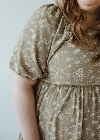 BUBBLE SLEEVE MIDI LENGTH FLORAL DRESS IN MATCHA - xL - Love Marlow