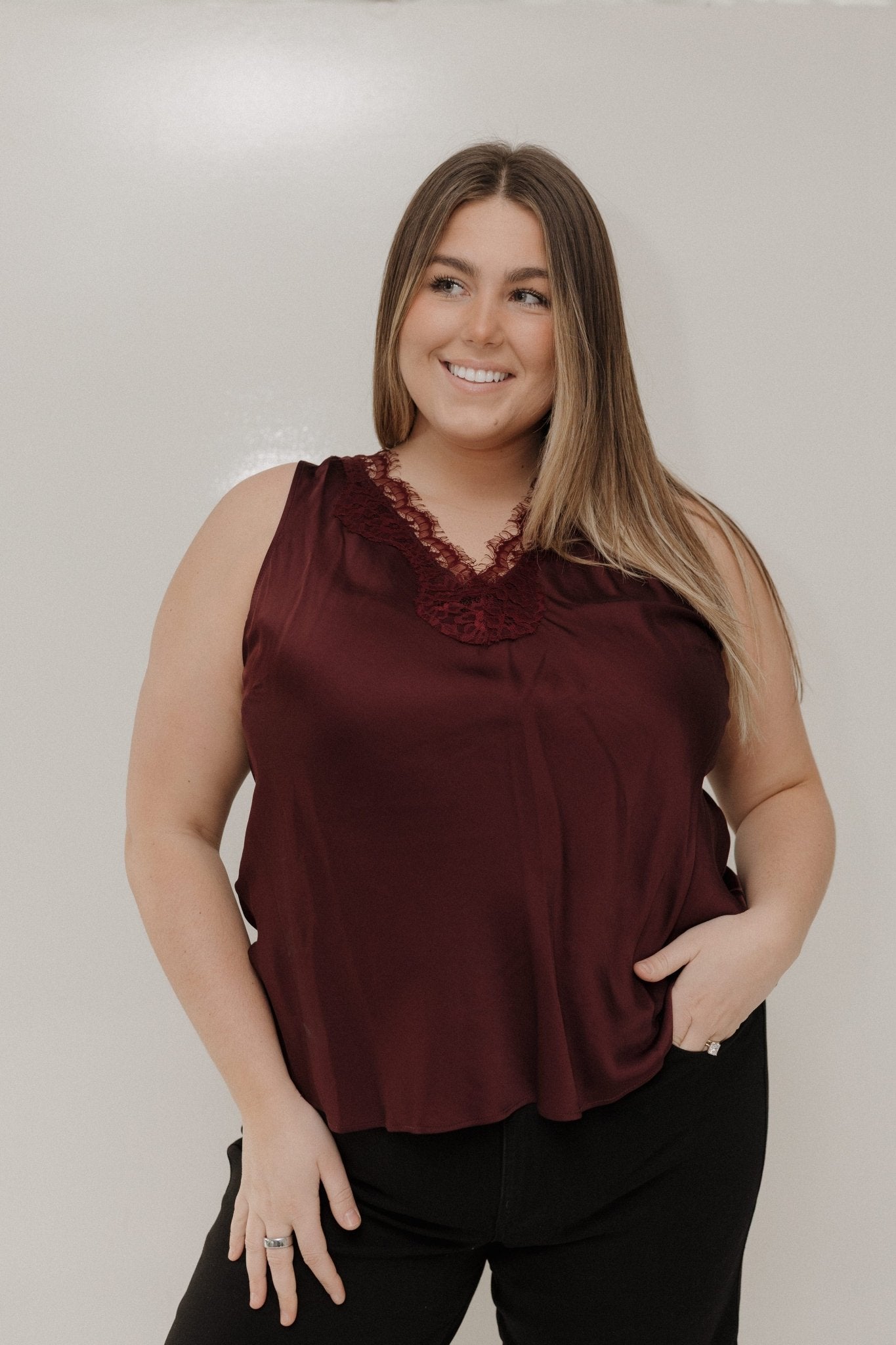Burgundy Satin Lace V - Neck Tank - Love Marlow