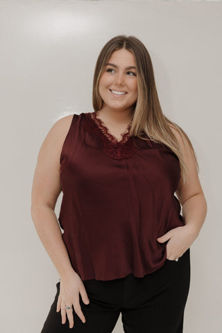 Burgundy Satin Lace V - Neck Tank - Love Marlow