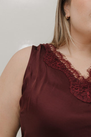Burgundy Satin Lace V - Neck Tank - Love Marlow