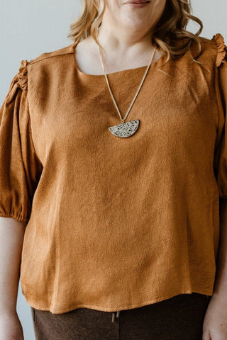 Butterscotch Satiny Crinkle Blouse | Ruffled Puff Sleeve Top - Love Marlow