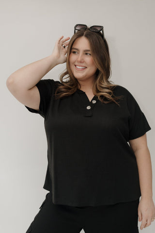 Button Detail Waffle Knit Top – Black - Love Marlow