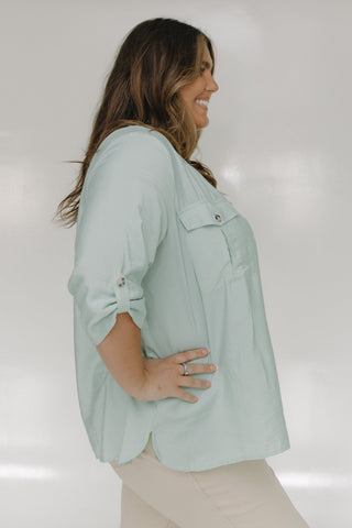 BUTTON DOWN BLOUSE IN JADE SMOKE - Love Marlow