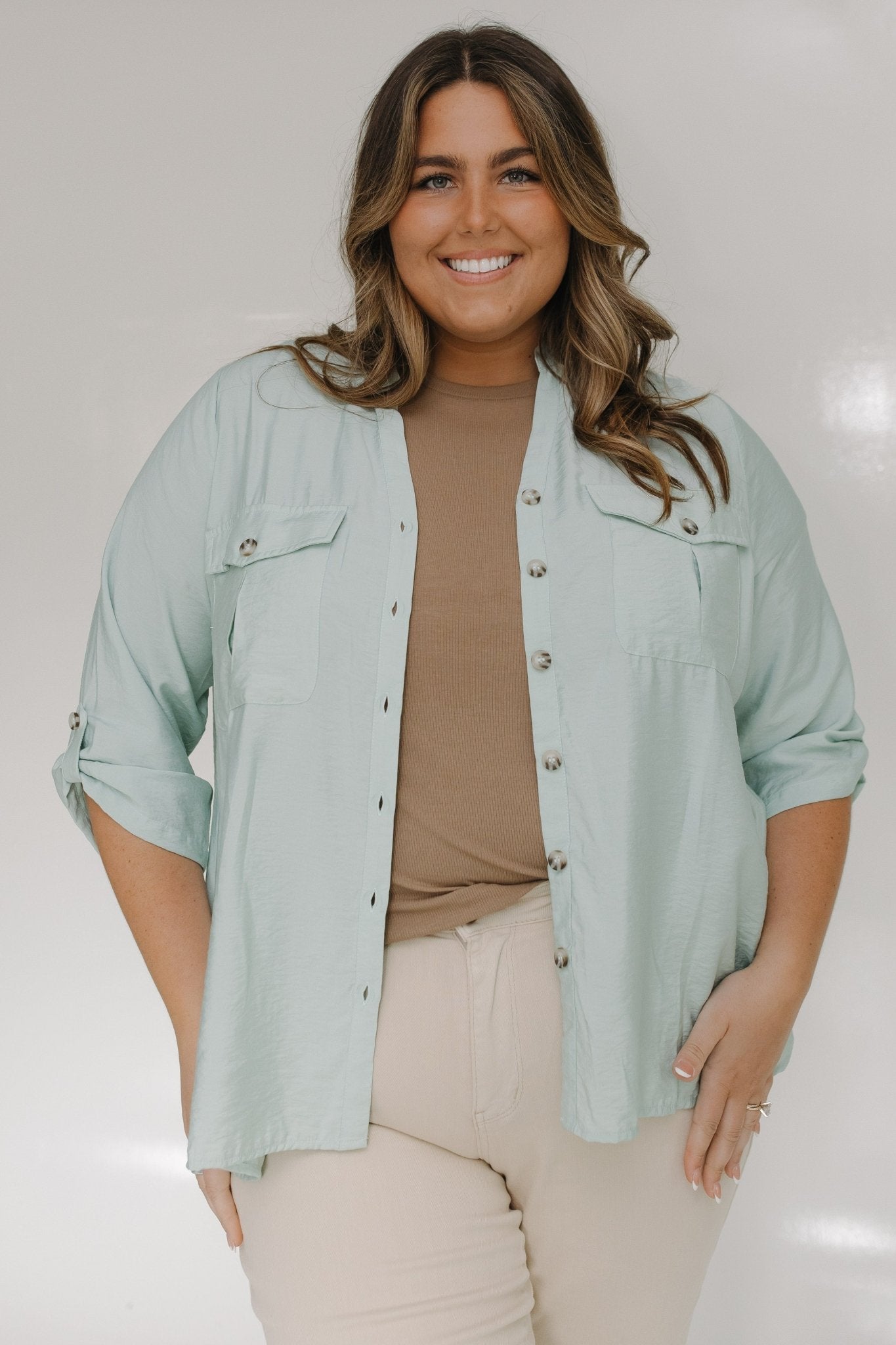 BUTTON DOWN BLOUSE IN JADE SMOKE - Love Marlow