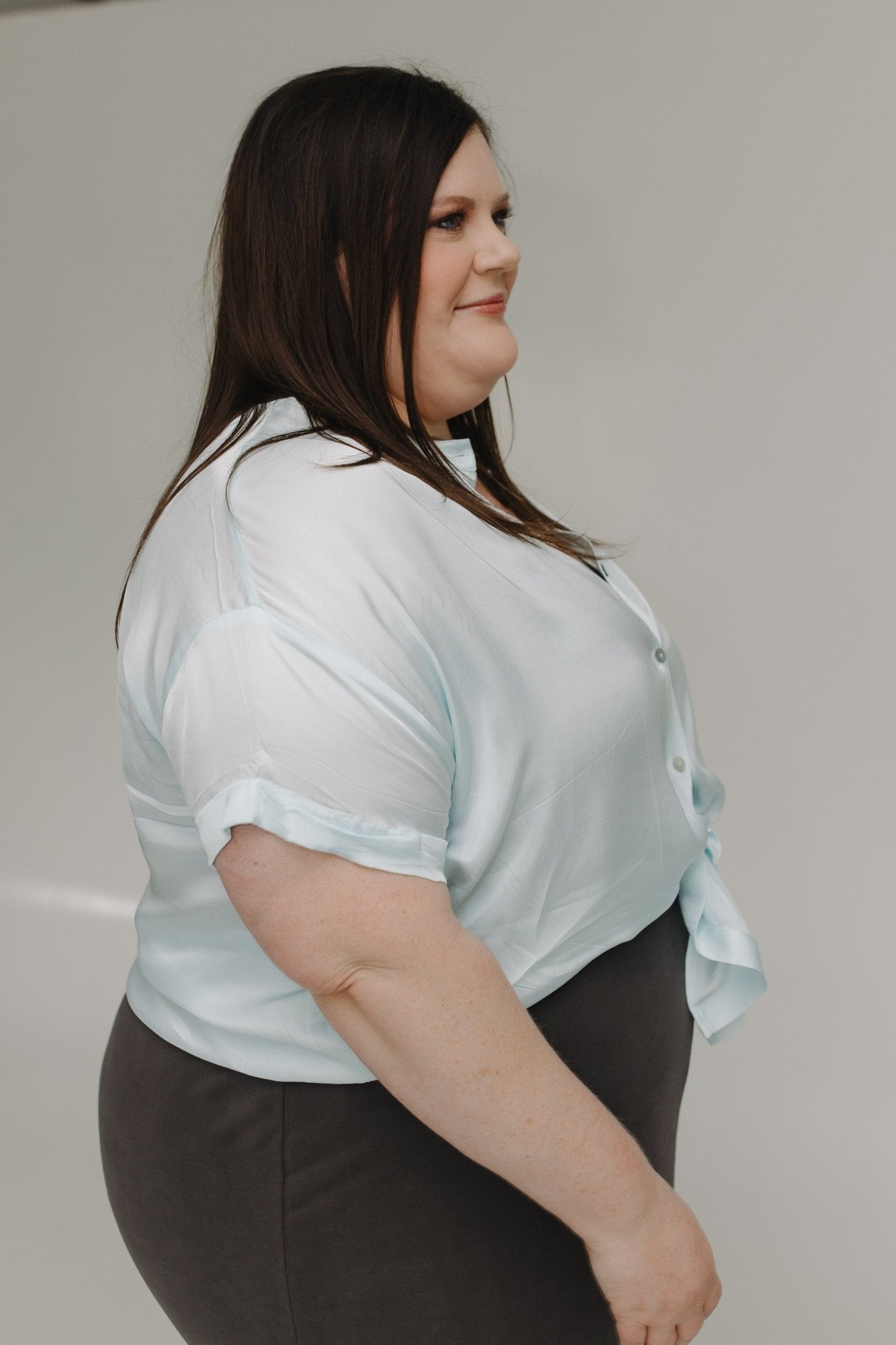 BUTTON DOWN TIE FRONT BLOUSE IN ICE BLUE - Love Marlow