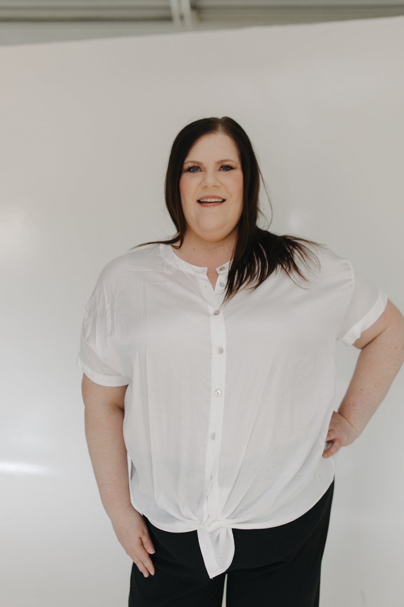 BUTTON DOWN TIE FRONT BLOUSE IN SUNKISSED ECRU - Love Marlow