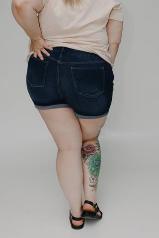 BUTTON FLY CUFFED SHORTS IN MEDIUM WASH - Love Marlow