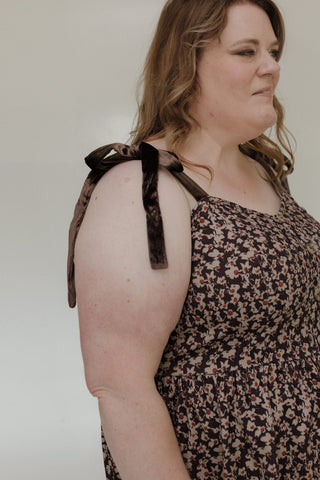 BUTTON FRONT CORDUROY MIDI DRESS WITH VELVET BOW STRAPS - Love Marlow