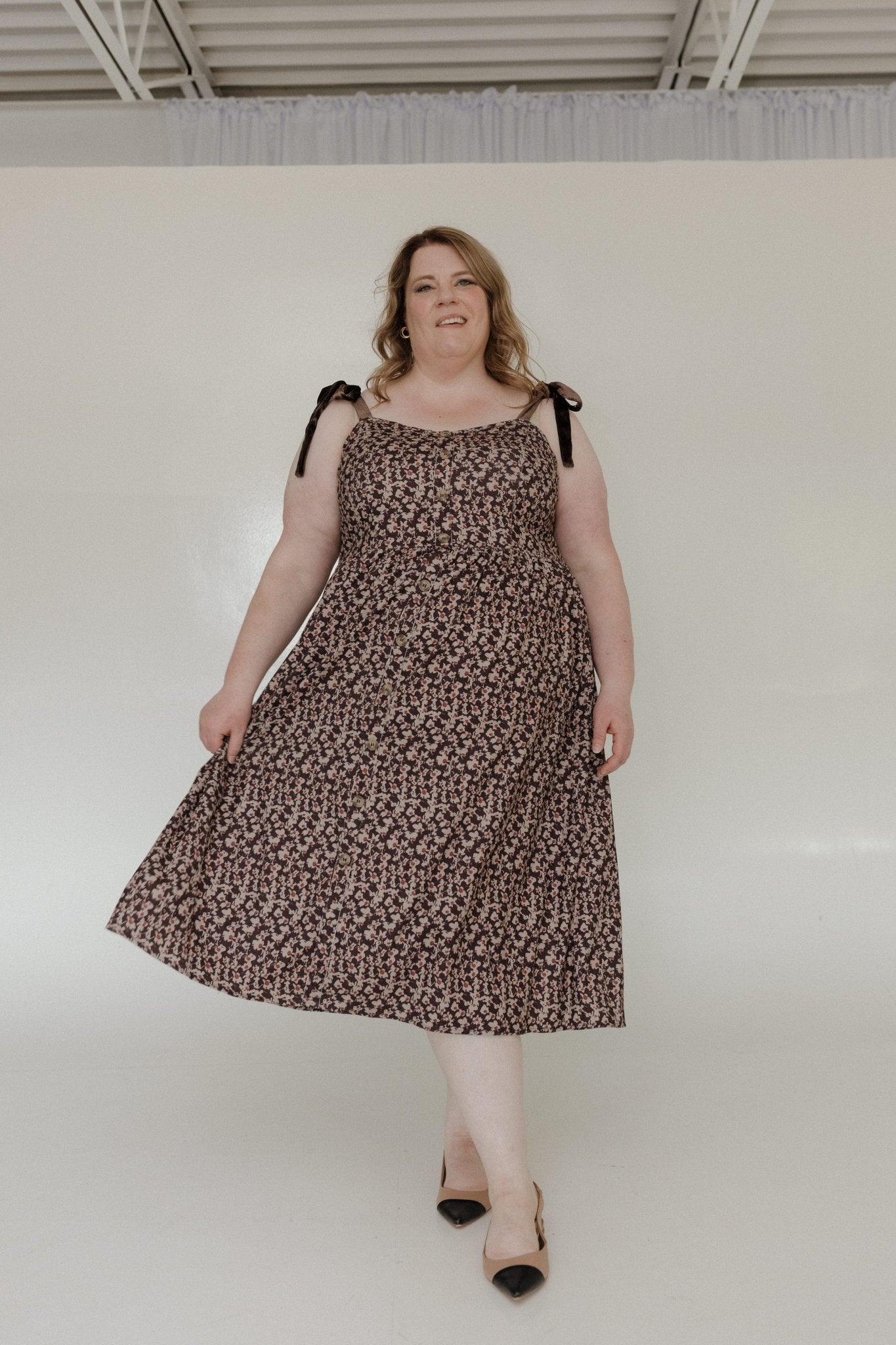 BUTTON FRONT CORDUROY MIDI DRESS WITH VELVET BOW STRAPS - Love Marlow