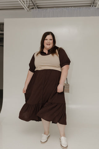 BUTTON FRONT TIERED DRESS IN TRUFFLE BROWN - Love Marlow
