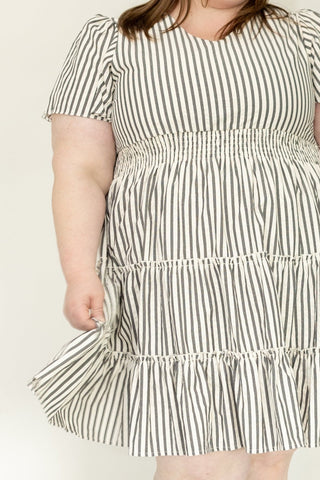 Charcoal Stripe Smocked Waist Tiered Flutter Dress - Love Marlow