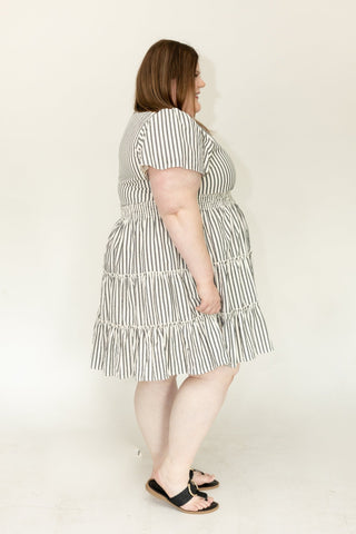 Charcoal Stripe Smocked Waist Tiered Flutter Dress - Love Marlow