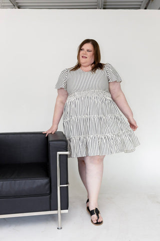 Charcoal Stripe Smocked Waist Tiered Flutter Dress - Love Marlow