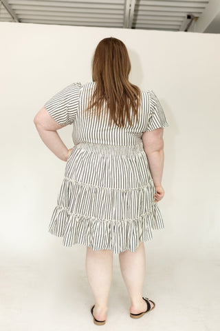 Charcoal Stripe Smocked Waist Tiered Flutter Dress - Love Marlow