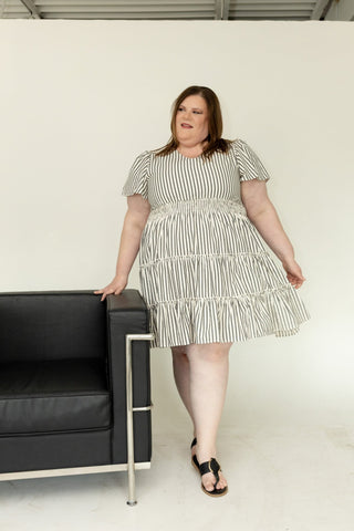 Charcoal Stripe Smocked Waist Tiered Flutter Dress - Love Marlow