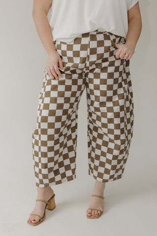 Checkered Barrel Leg Denim Pants in Mocha & Off - White - Love Marlow