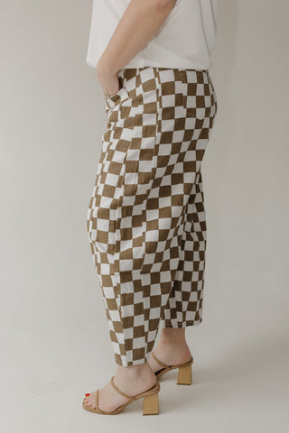 Checkered Barrel Leg Denim Pants in Mocha & Off - White - Love Marlow