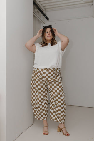 Checkered Barrel Leg Denim Pants in Mocha & Off - White - Love Marlow