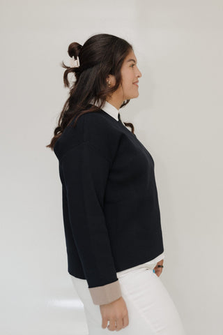 CLASSIC CREW NECK SWEATER WITH CUFF DETAIL IN DEEP NAVY - Love Marlow