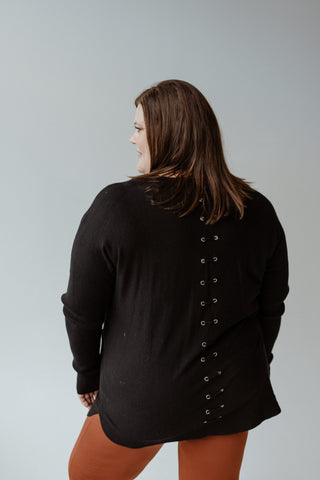 CLASSIC CREWNECK SWEATER WITH EYELET BACK DETAIL IN BLACK - Love Marlow
