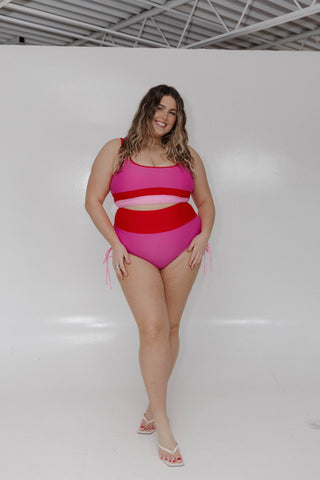 Colorblock Bikini With Ruched Bottoms – Red & Hot Pink - Love Marlow