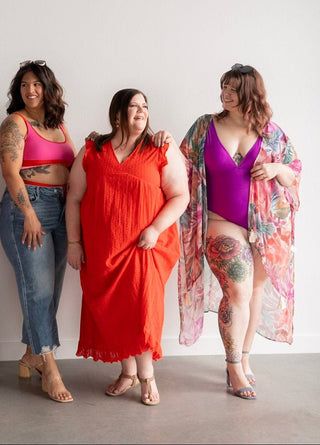 Colorblock Bikini With Ruched Bottoms – Red & Hot Pink - Love Marlow