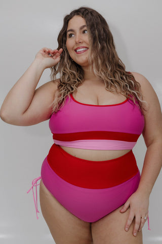 Colorblock Bikini With Ruched Bottoms – Red & Hot Pink - Love Marlow