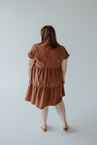 CORDUROY BUTTON FRONT KNEE LENGTH DRESS IN RUSTED TERRACOTTA - L - Love Marlow