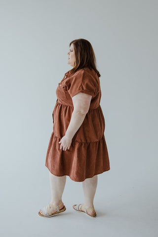 CORDUROY BUTTON FRONT KNEE LENGTH DRESS IN RUSTED TERRACOTTA - L - Love Marlow