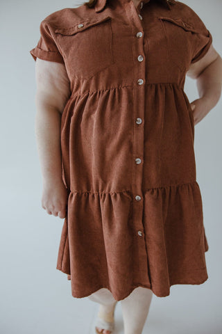 CORDUROY BUTTON FRONT KNEE LENGTH DRESS IN RUSTED TERRACOTTA - L - Love Marlow