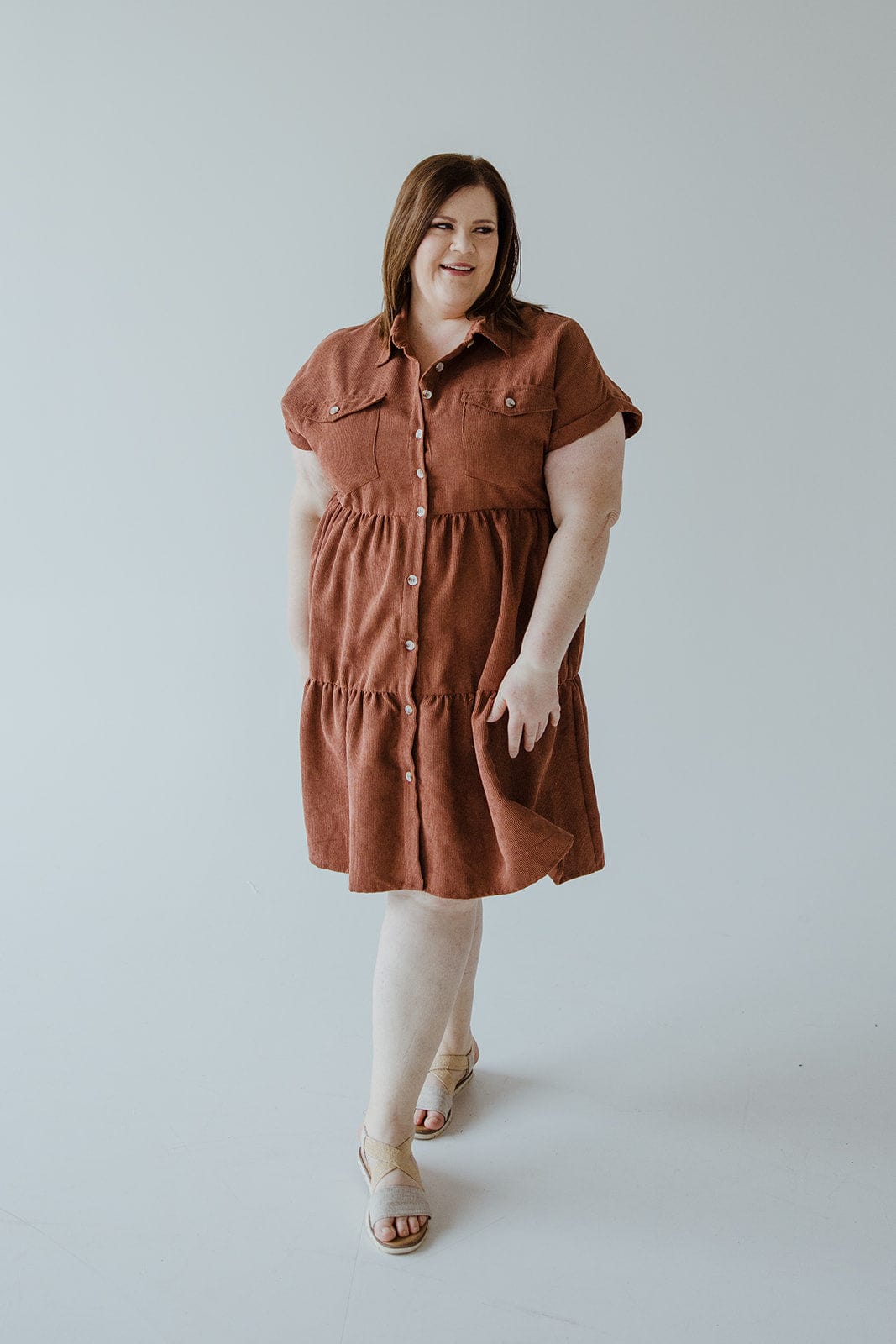 CORDUROY BUTTON FRONT KNEE LENGTH DRESS IN RUSTED TERRACOTTA - L - Love Marlow