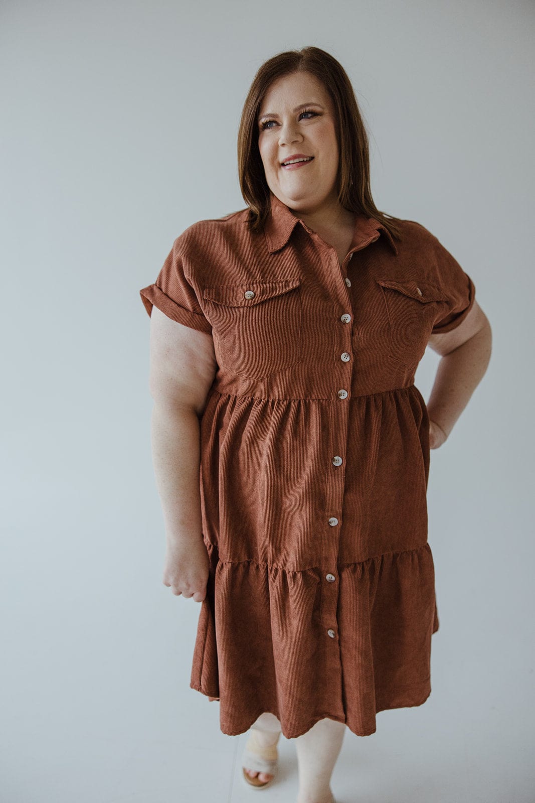 CORDUROY BUTTON FRONT KNEE LENGTH DRESS IN RUSTED TERRACOTTA - L - Love Marlow
