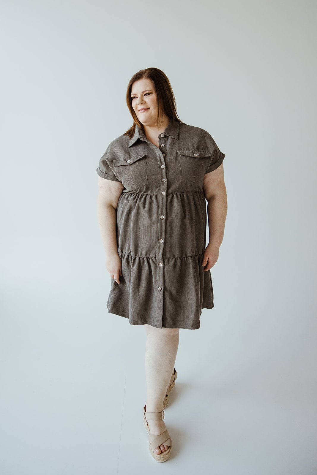 CORDUROY BUTTON FRONT KNEE LENGTH DRESS IN SMOKY OLIVE - xL - Love Marlow