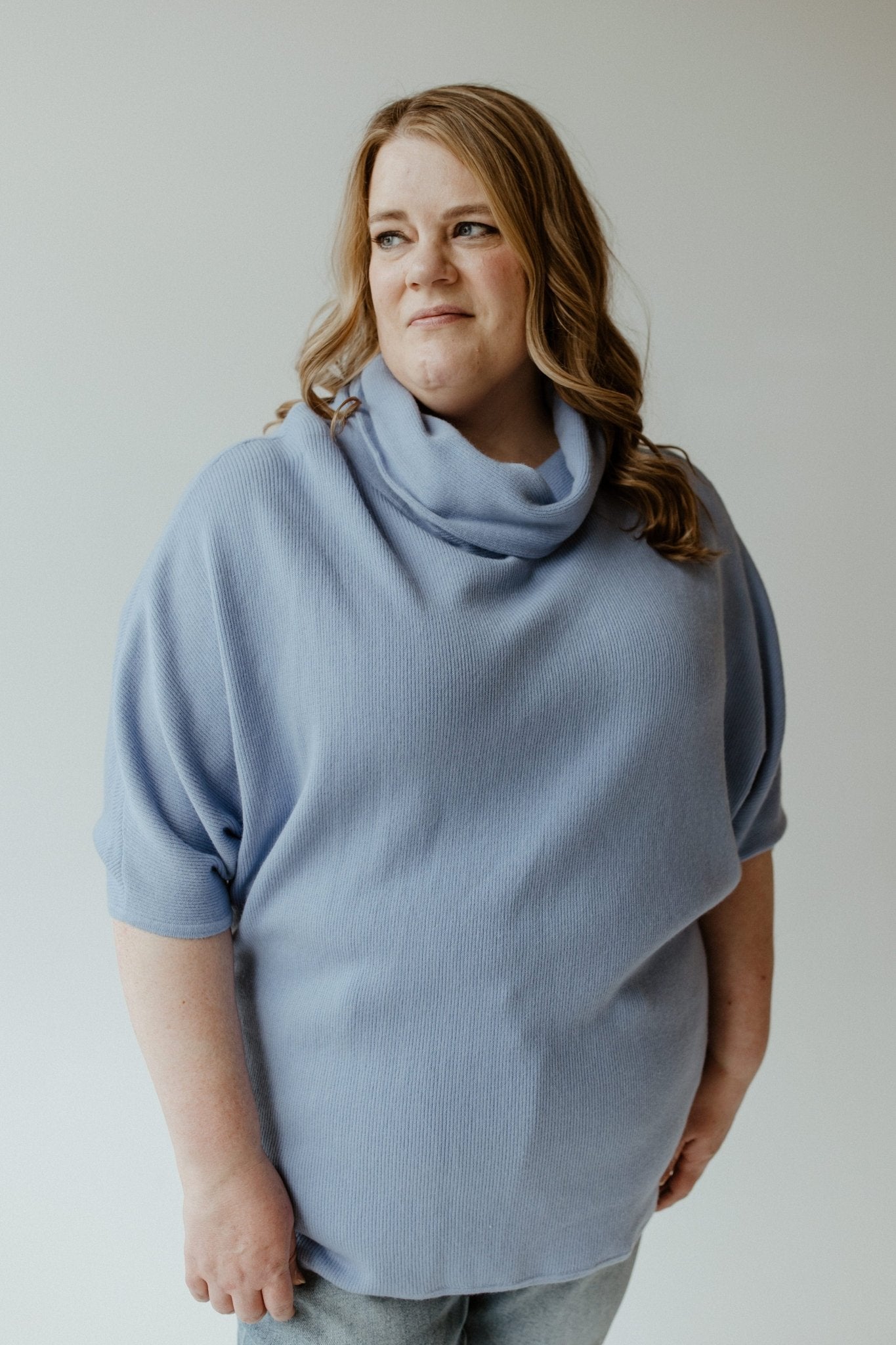 COWL NECK 3/4 SLEEVE SWEATER IN FROST BLUE - 14 - Love Marlow