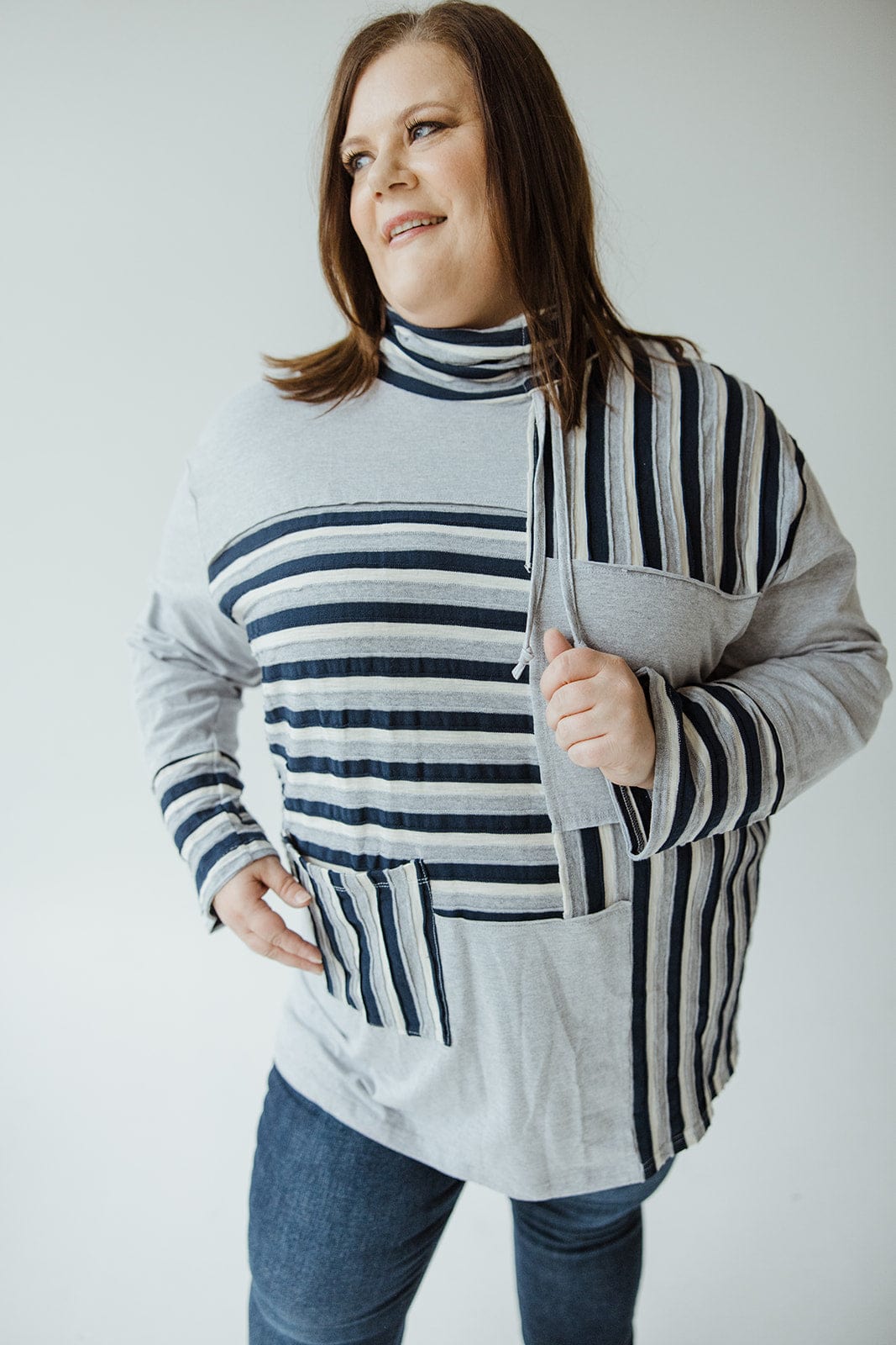 COWL NECK VARYING STRIPE TUNIC IN GREY - Love Marlow