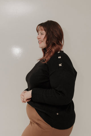 Cozy Mock - Neck Button Shoulder Sweater – Black - Love Marlow