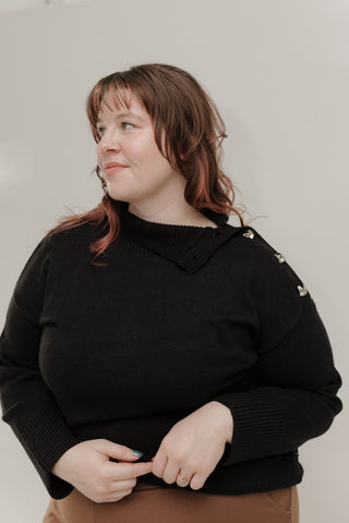 Cozy Mock - Neck Button Shoulder Sweater – Black - Love Marlow