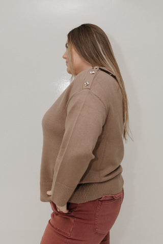 Cozy Mock - Neck Button Shoulder Sweater – Rich Sand - Love Marlow