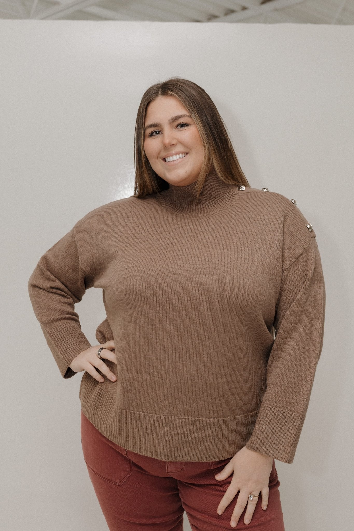 Cozy Mock - Neck Button Shoulder Sweater – Rich Sand - Love Marlow