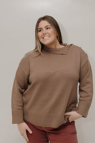 Cozy Mock - Neck Button Shoulder Sweater – Rich Sand - Love Marlow