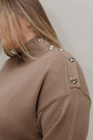 Cozy Mock - Neck Button Shoulder Sweater – Rich Sand - Love Marlow