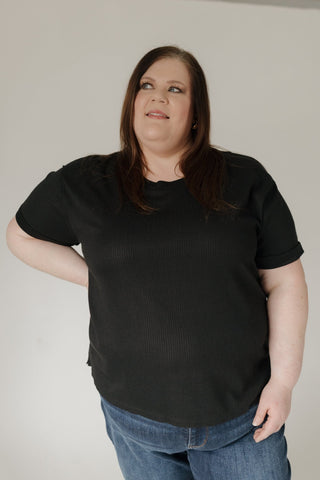 Crew Neck Rolled Cuff Thermal Tee – Black - Love Marlow