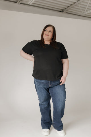 Crew Neck Rolled Cuff Thermal Tee – Black - Love Marlow