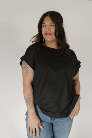 Crew Neck Thermal Dolman Tee with Front Pocket – Black - Love Marlow